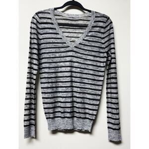 TART Adina Linen Blend Striped Sheer V-Neck Sweater, Sz S